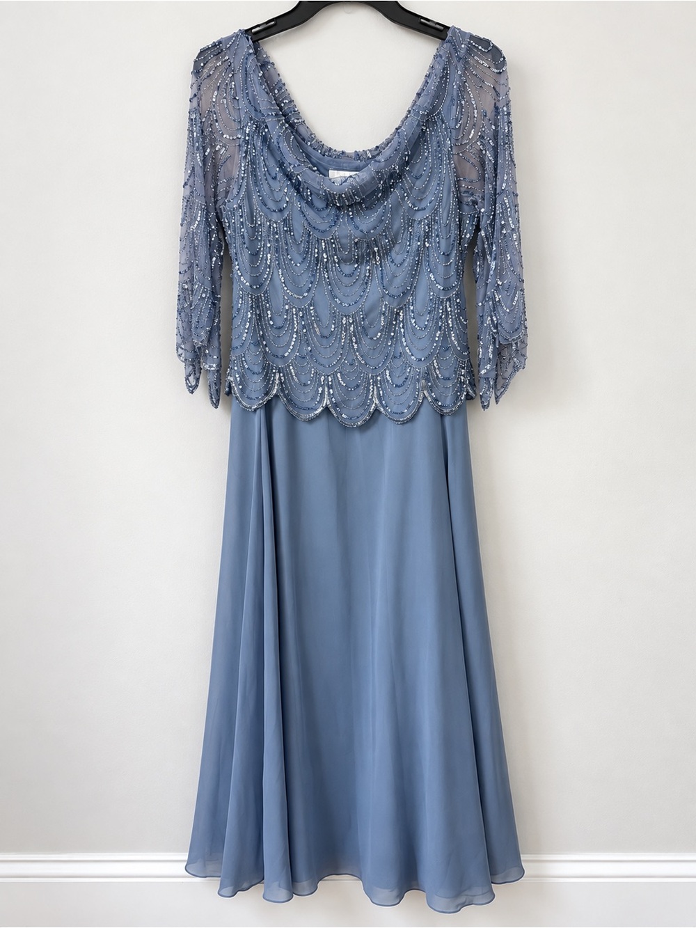 J Kara Dusty Blue Beaded Long Sleeve Evening Dress